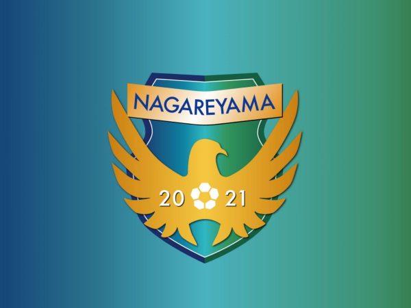 「NAGAREYAMA F.C.」エンブレム。青はオオタカ（蒼鷹）の 水の色、緑は森、金は流山市発祥白みりんの琥珀色をイメージ。