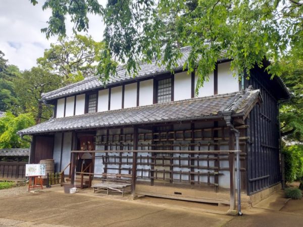 木内氏のイラストが展示されている新蔵ギャラリーは、主屋の手前にあります。1833年に農機具等を収蔵する蔵として建てられたもので、壁にかかっているのは竹製のはしごです。