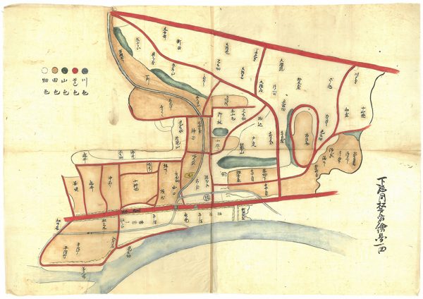 「下総国松戸宿絵図面」：江戸時代の松戸宿周辺の絵図。土地の字名(あざめい)がよくわかる