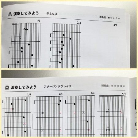難易度1の「赤とんぼ」、難易度4の「アメージンググレイス」など、マニュアルには楽譜もついています