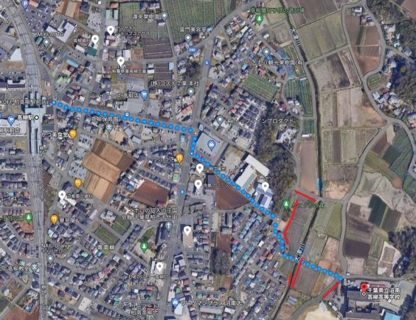 （地図その1）青色が高柳駅からのルートで、赤色がアジサイが咲いている箇所を示しています