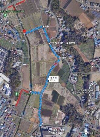 （地図その2）青色が沼南高柳高校からのルートで、赤色がアジサイが咲いている箇所を示しています
