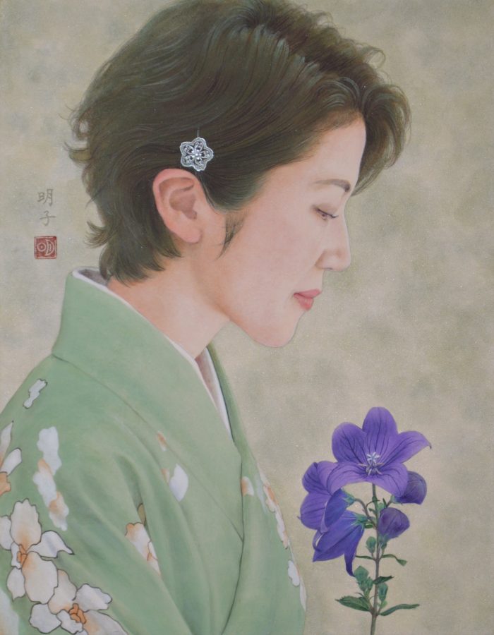 福永明子さんの作品「はなむけ」 ～花を手向けることは、別れを惜しむという意味合いよりも、新しい旅立ちに『行ってらっしゃい』の気持ちを贈るものだという思いを込めて描きました。