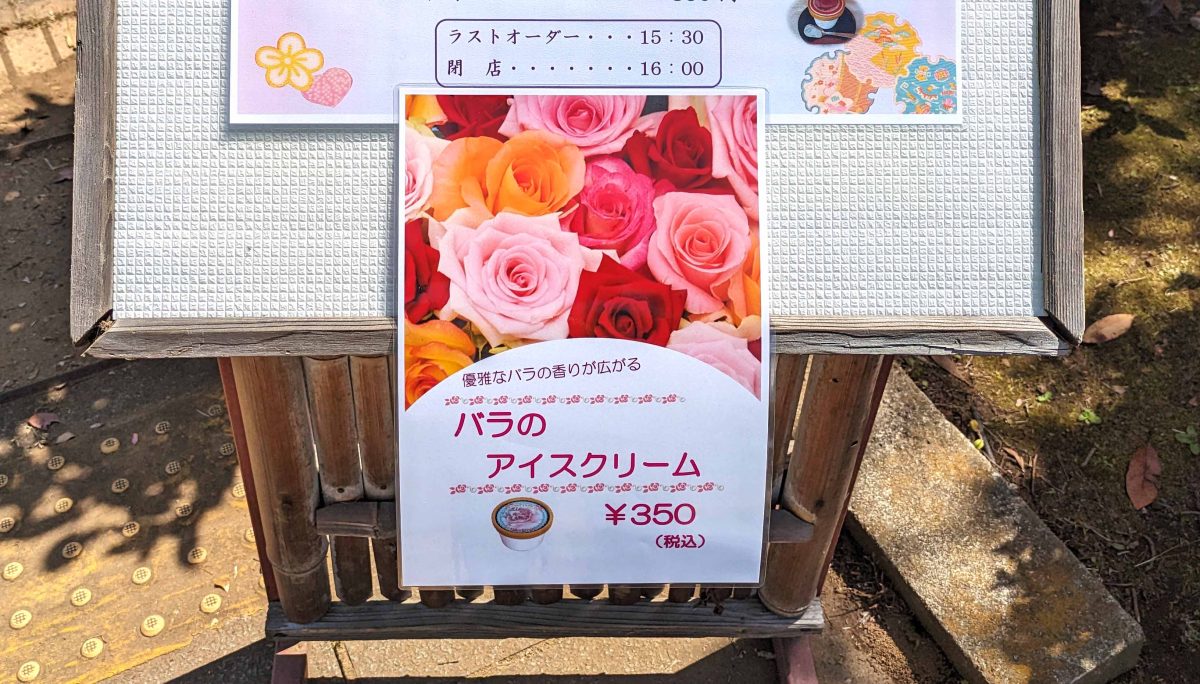 日本庭園内の松柏亭にはバラのアイスクリームがあります。