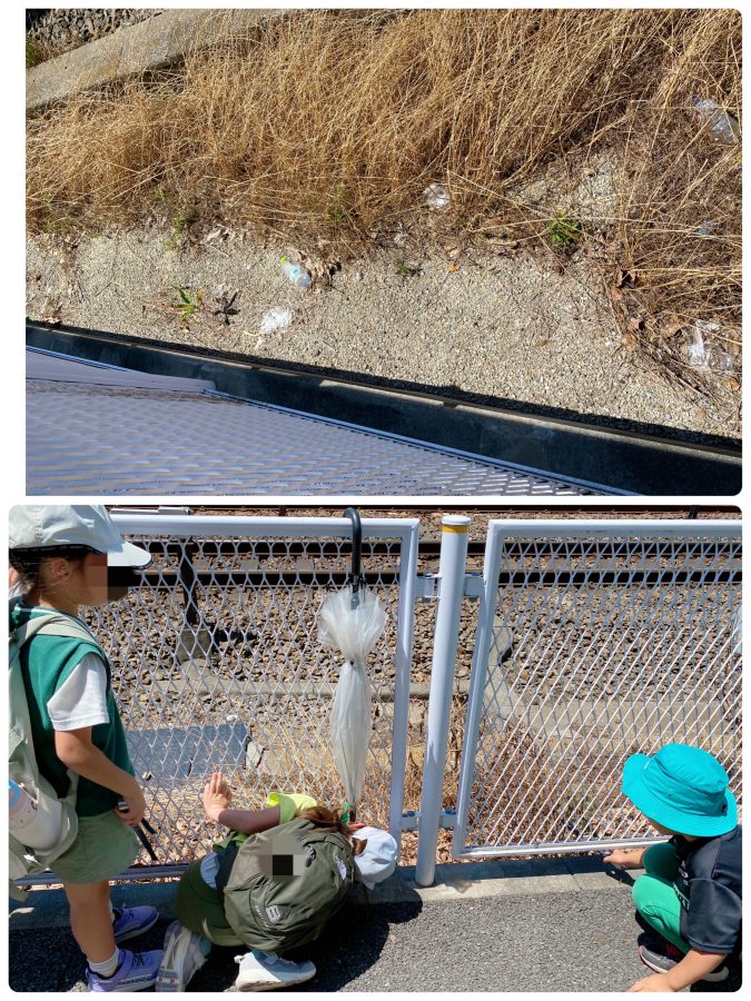 線路沿いはたくさんのゴミのポイ捨てがありました。子どもたちの視線の先は•••ビニール傘やポイ捨てされたゴミがありました