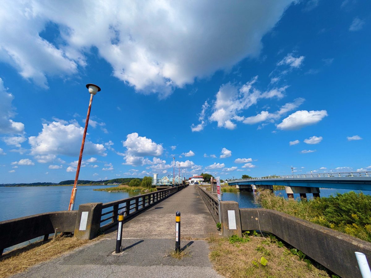 手賀沼あけぼの橋。橋の左側（西側）が手賀沼、右側（東側）が手賀川。橋の奥に見えるのが手賀沼フィッシングセンター。