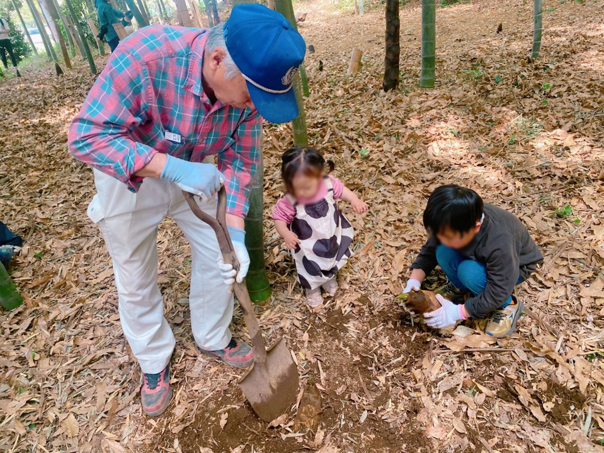 地域の方に掘り上げ方を教えてもらい、親子で「なるほど〜」
