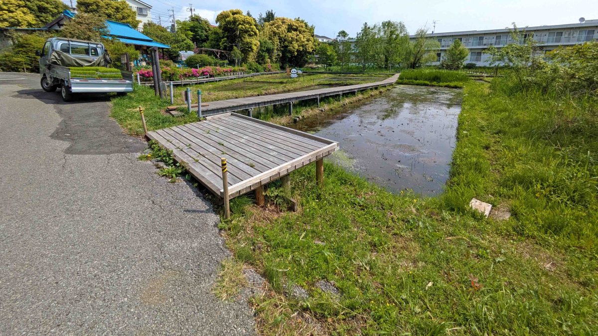 名戸ケ谷ビオトープの水田生態系ゾーン。左上に写る軽トラには田植え用の稲の苗が積んであります。