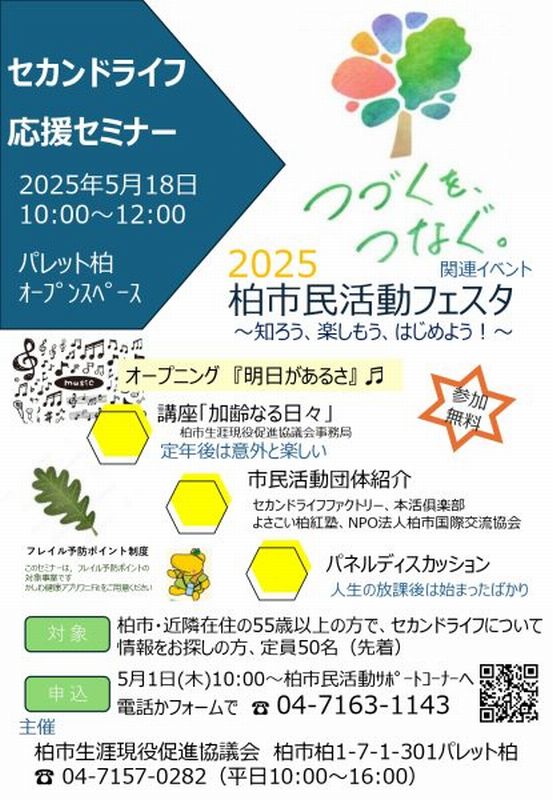 活発な活動をされている（一社）セカンドライフファクトリー、本活倶楽部、よさこい柏紅塾、NPO法人柏市国際交流協会の皆さんのお話から、セカンドライフのヒントを！