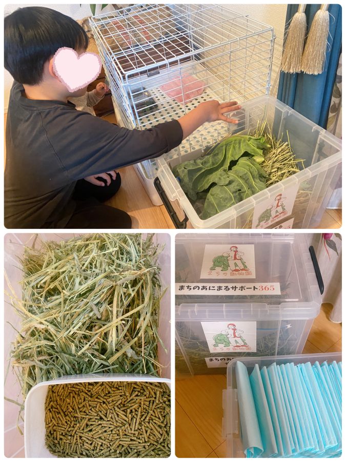 毎月配達されるのはまちの動物園さんが厳選した安心フード！『餌BOX』にはチモシー（乾燥牧草の一種）・ペレット（栄養補助、特にビタミンC）がしっかり1ヶ月分！置配OKなのも嬉しい〜他にもオプションで追加アイテムあり〜