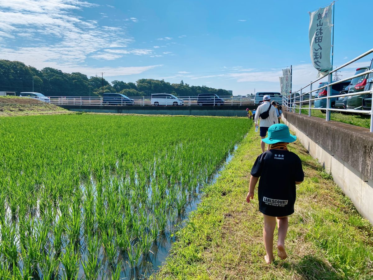 裸足になって、いざ！田んぼへGO♩6歳息子はやる気満々！1歳娘は抱っこ紐で田んぼへ
