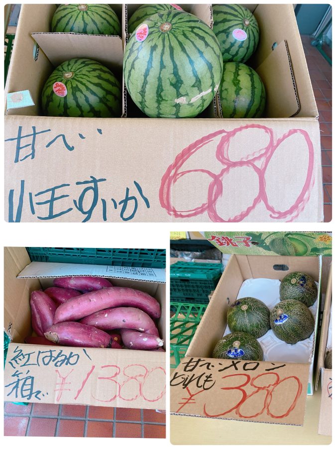 ついでにチェックした店頭のお野菜もお買い得！〜この日はスイカ、さつまいも、メロンが並んでいて、どれも新鮮＆良心価格！「焼き鳥に夏野菜、デザートにスイカ」次回は夏献立で楽しみたい！