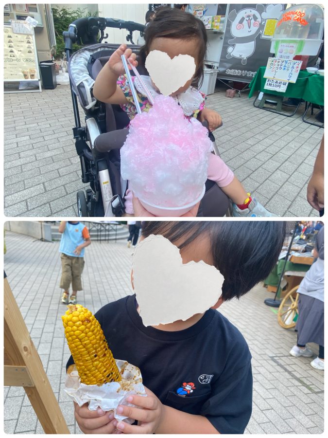 いただきまーす♡**「1歳娘も夢中のかき氷タイム！ふわふわ冷たくて気持ちいい～」****「焼きとうもろこしを豪快に！お外ごはんがいちばんのスパイス」**