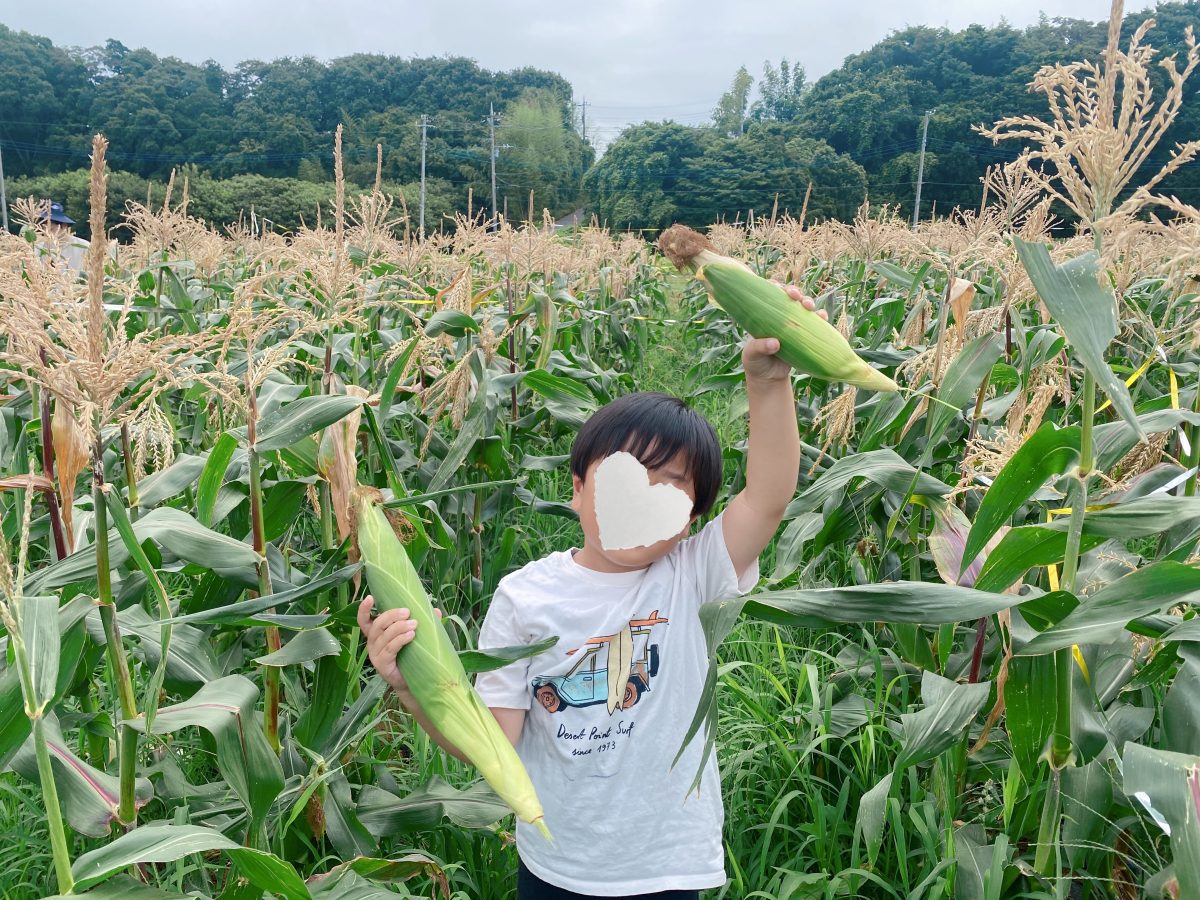 やったー！とれたよ！ 両手でかかげる笑顔がまぶしい(^^) 収穫の喜びを全身で表現中♩