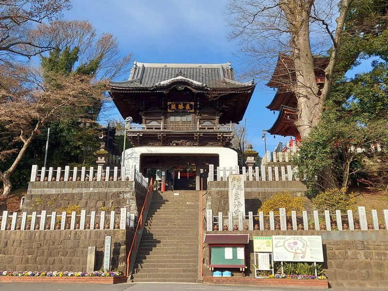 〈千葉県指定有形文化財①楼門〉文化7年（1810年）の建立。竜宮城の門を想像するような形が特徴です。