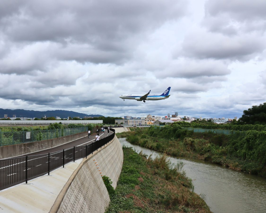手が届きそう！千里川土手で見られる迫力の着陸する飛行機に大興奮