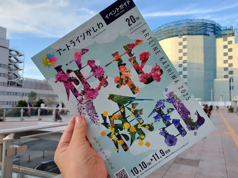 アートラインかしわ2025のパンフレット。柏駅東口パンフレットラック、柏市観光案内所まるっと柏、パレット柏などで入手できます。