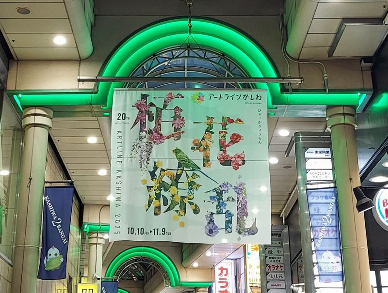 柏二番街に掲げられた「アートラインかしわ2025」のフラッグ。お立ち寄りの際は、ぜひ上部をご覧になってください。