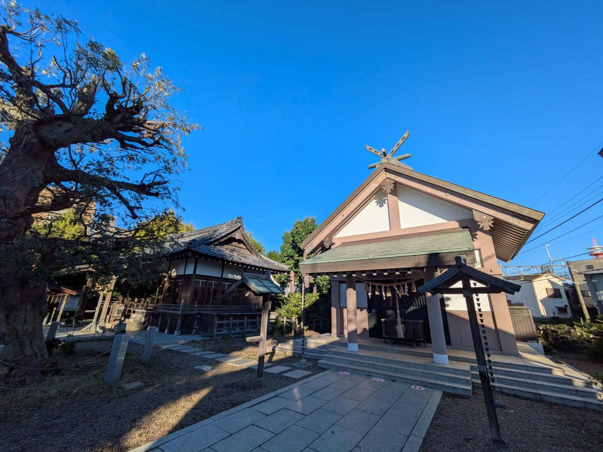 中央右の社殿が大鳥神社、左が香取神社。一番右端には東武アーバンパークラインの架線が、一番左には御神木が写っています。