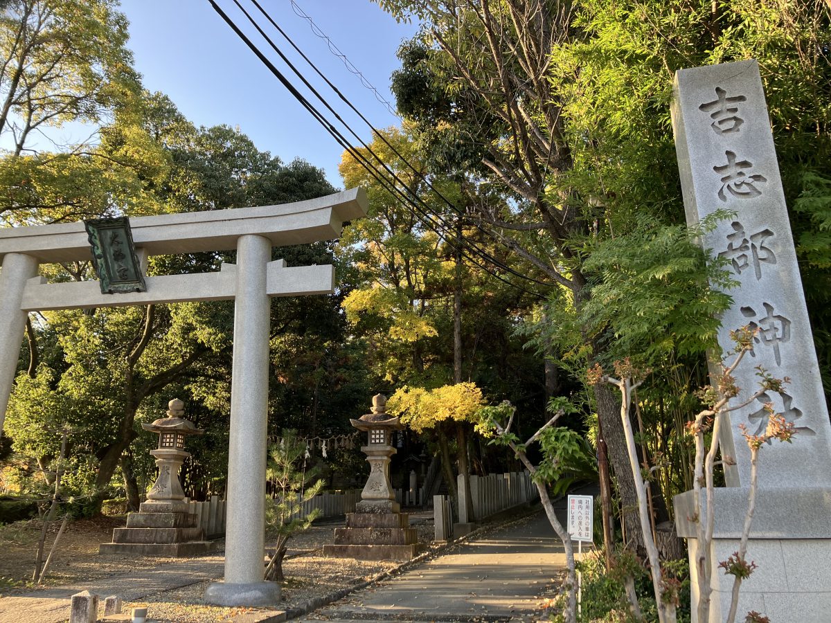 「きしべ」と聞くと「岸部」を思い浮かべる方もいらっしゃるのではないでしょうか？「きしべじんじゃ」は「吉志部神社」と書かれていました。鳥居をくぐると階段があります。そこを登って本殿へ。紫金山に鎮座するお社です。