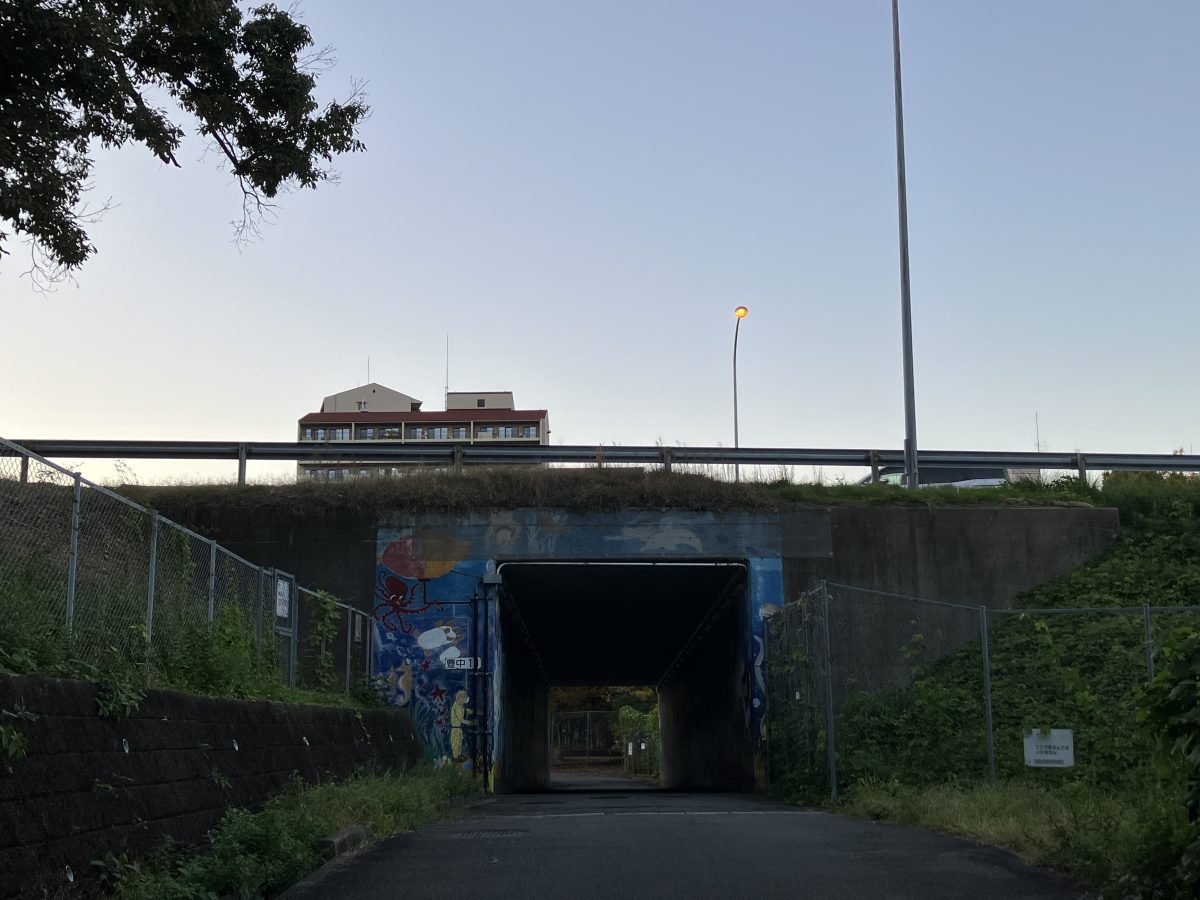 トンネルは入り口や通路にも「吹田市」にまつわる絵が描かれています。写真は夕暮れ時に撮影しました。この後、トンネル内に電気がつくと絵がはっきりと見えました。