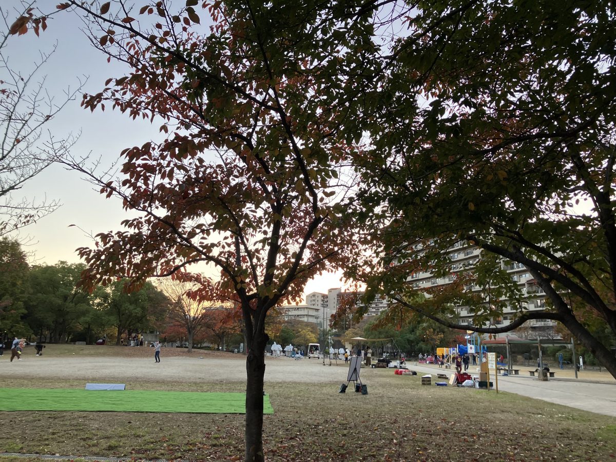 北部エリアには遊具と芝生の広場があります。広場の周りをぐるっと囲むように小道があり子どもたちが自転車に乗る練習をしていました。