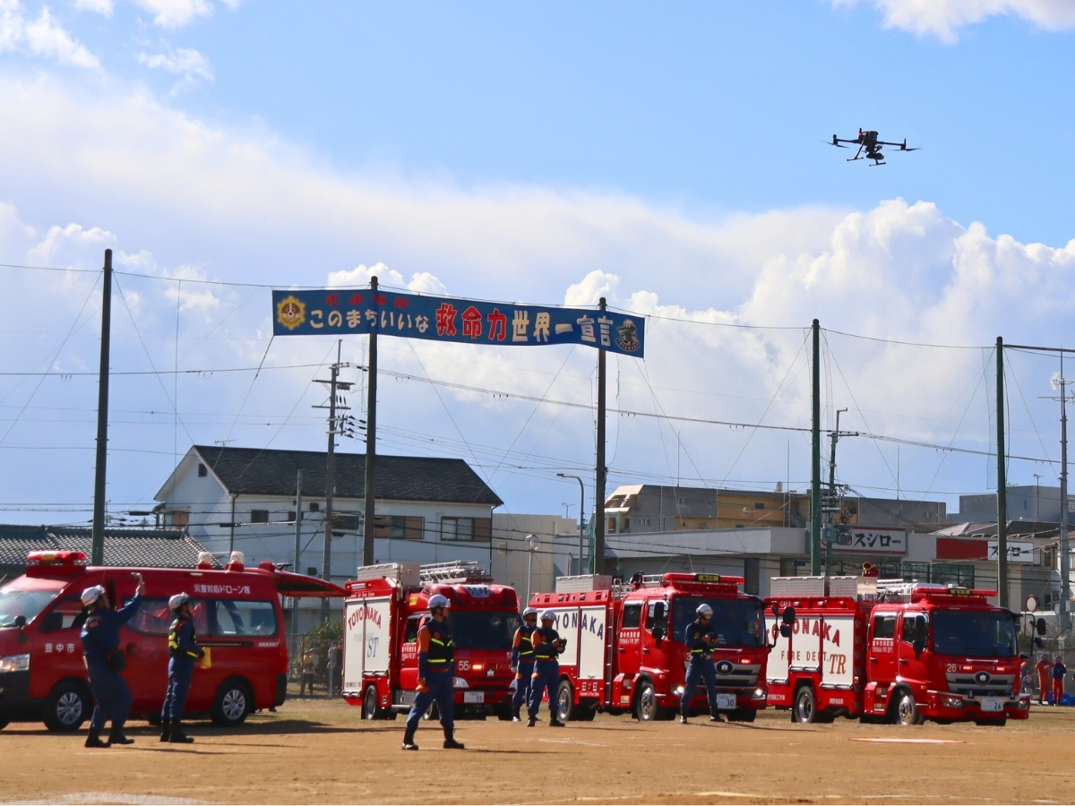 災害対応ドローンを運用する「ドローン隊KITE」の展示。 上空からの情報収集や状況把握など、最新の消防活動の一端が紹介されていました。