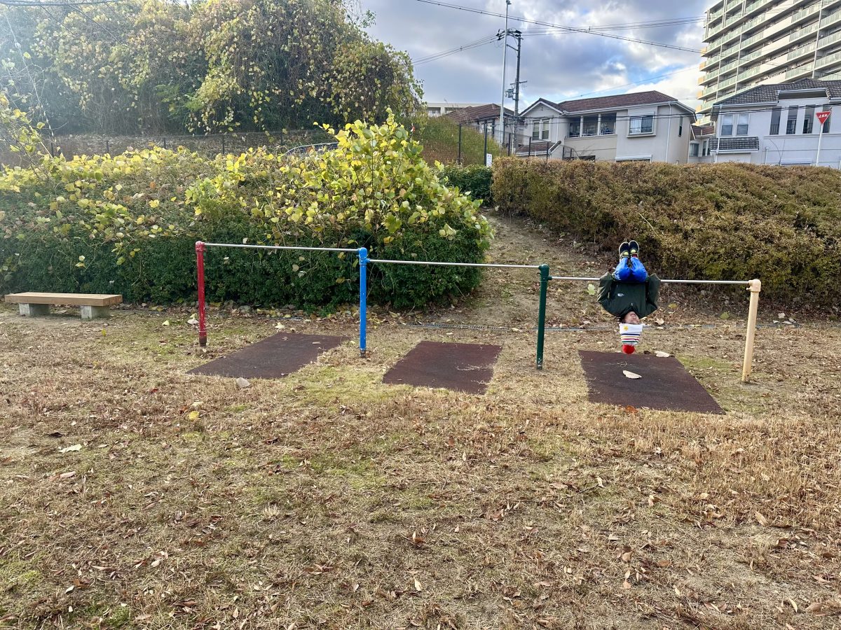 昔ながらのカラフルな三連鉄棒