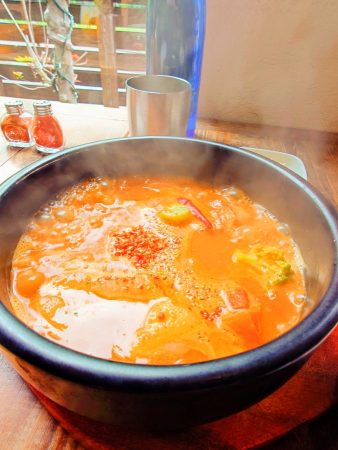 野菜とチキンのスープカレー、熱々でゆげがでている