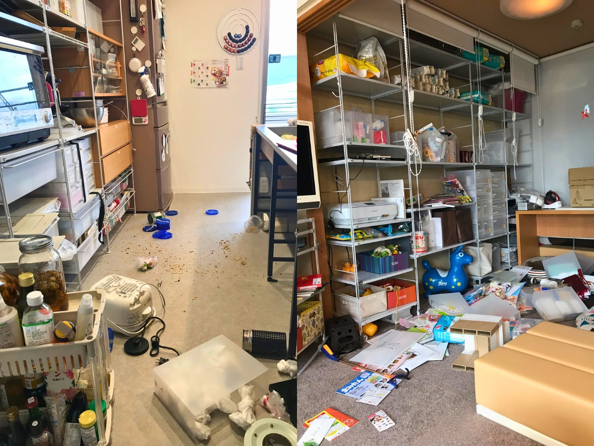 大阪北部地震直後の我が家。リビングや台所では物が散乱していました。