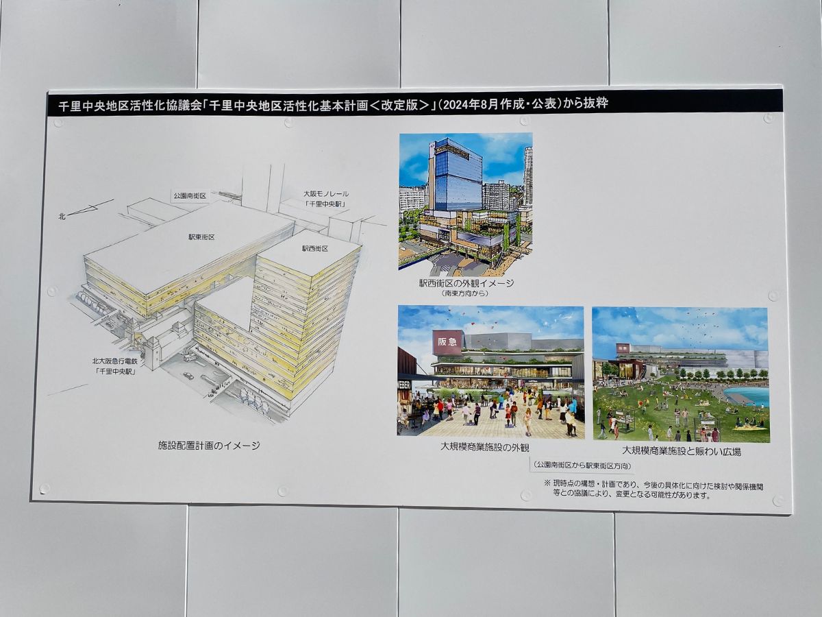 千里中央地区活性化基本計画〈改定版〉の内容を紹介するパネル。施設配置計画や再整備後の街の姿などが示されています