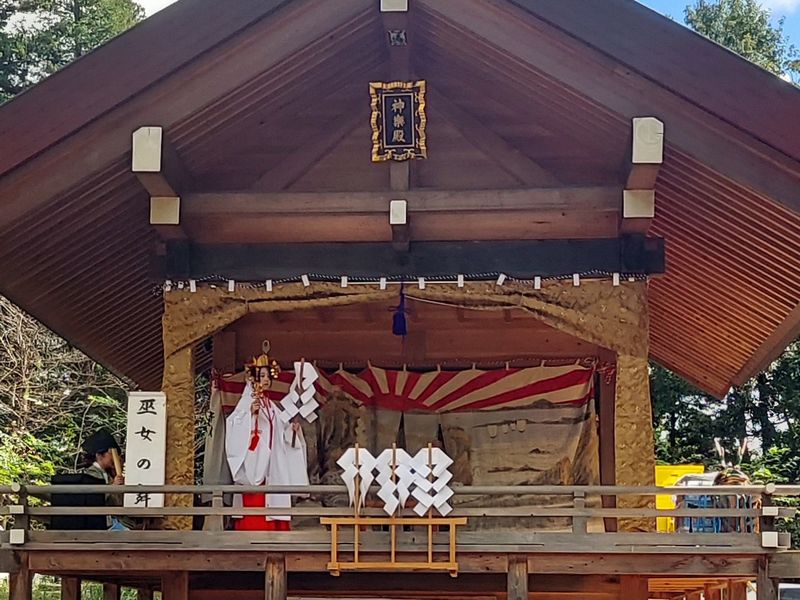 〈巫女の舞〉古代の儀式にのっとった「神がかり」を表現した舞で、右回り・左回りと交互に回っては回り返す動きを繰り返しながら舞い、その身に神を降ろします。